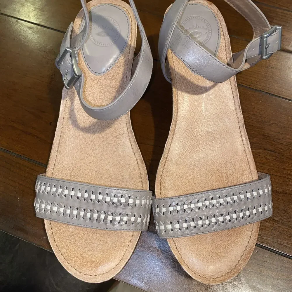 Nurture Taupe Leather Sandals Comfort Ankle Strap 3” Block Heel Weaved Design 10